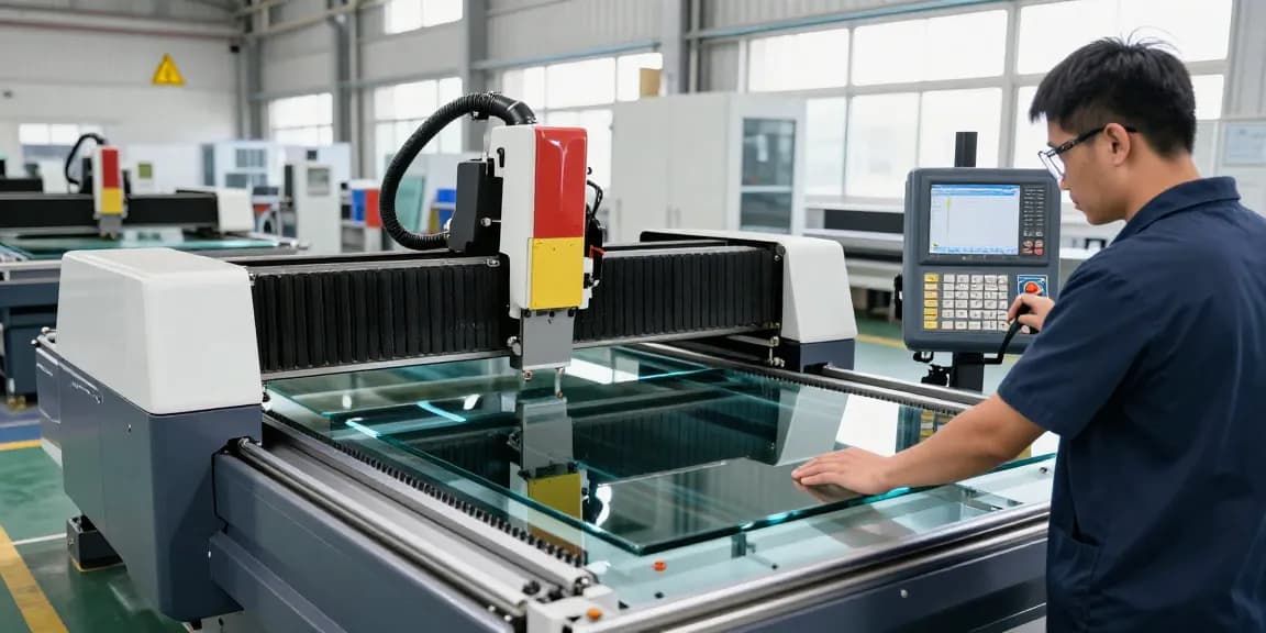 CNC glass cutting machine operated by a technician in a modern workshop, showcasing precision cutting.