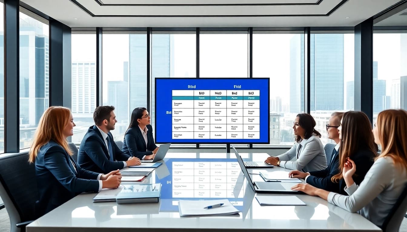 Engaged professionals conducting a Bid-No-Bid Analysis in a modern office setting.