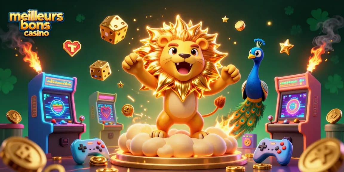 Profitez des meilleurs bonus casino avec un lion radieux et des dés dorés, entourés de machines de jeux animées.