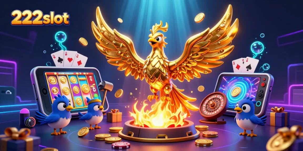 Permainan slot 222slot yang menarik dengan phoenix emas dan elemen casino lainnya.
