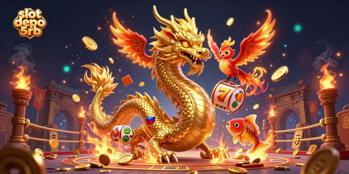 Experience the thrill of winning at slot depo 5rb with a vibrant dragon, phoenix, and koi fish amidst dynamic casino elements.