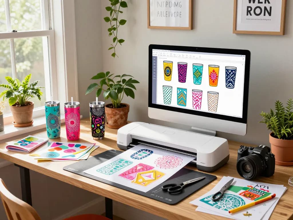 Crafting a cricut svg bundle tumbler design in a vibrant studio.