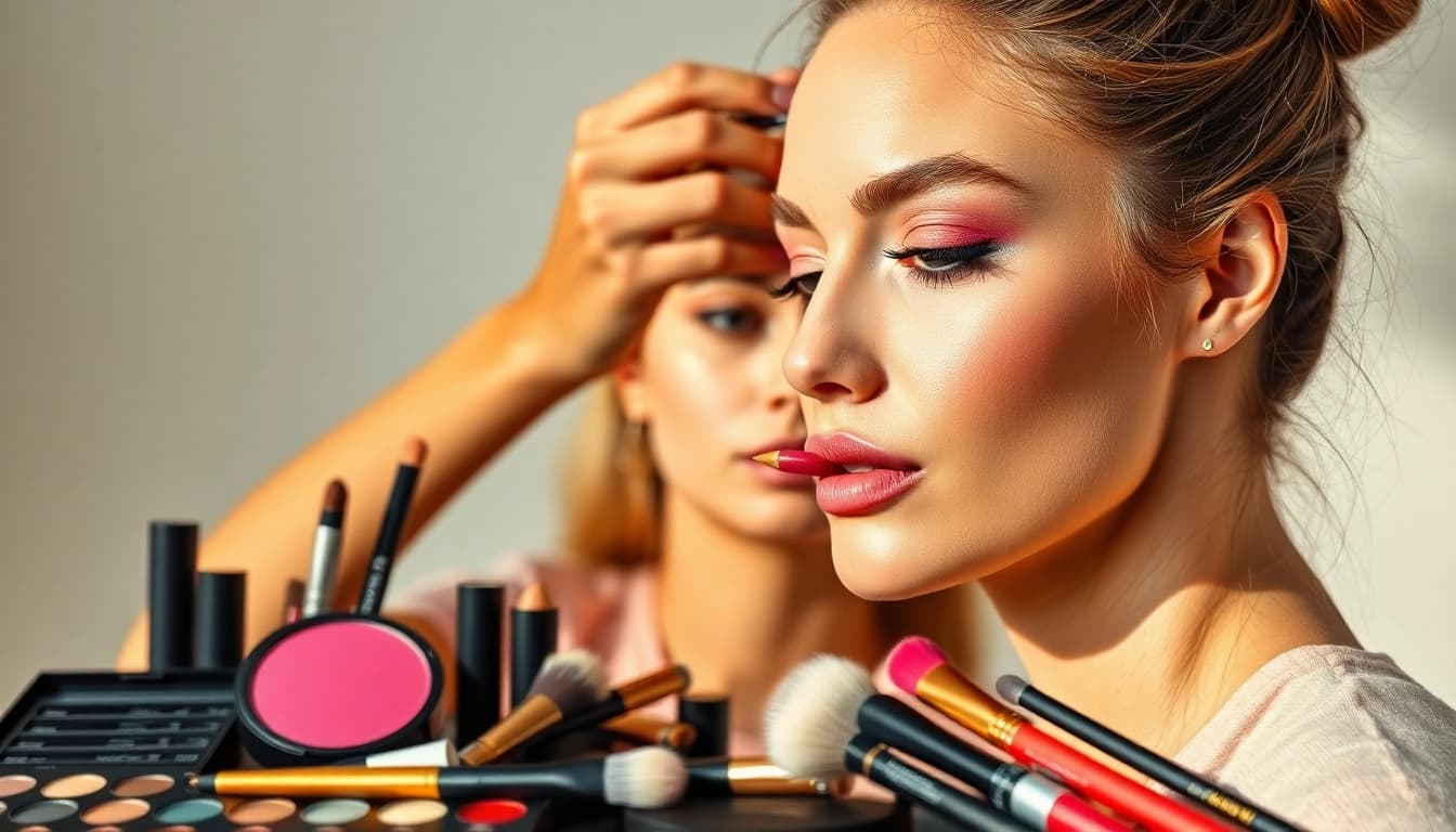 Apply wholesale make up in a professional studio setting with vibrant products.