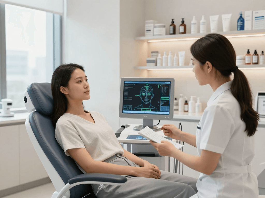 Young woman receiving a facial analysis during ClinicEvo vs QOVES comparison, showcasing technology and skincare.