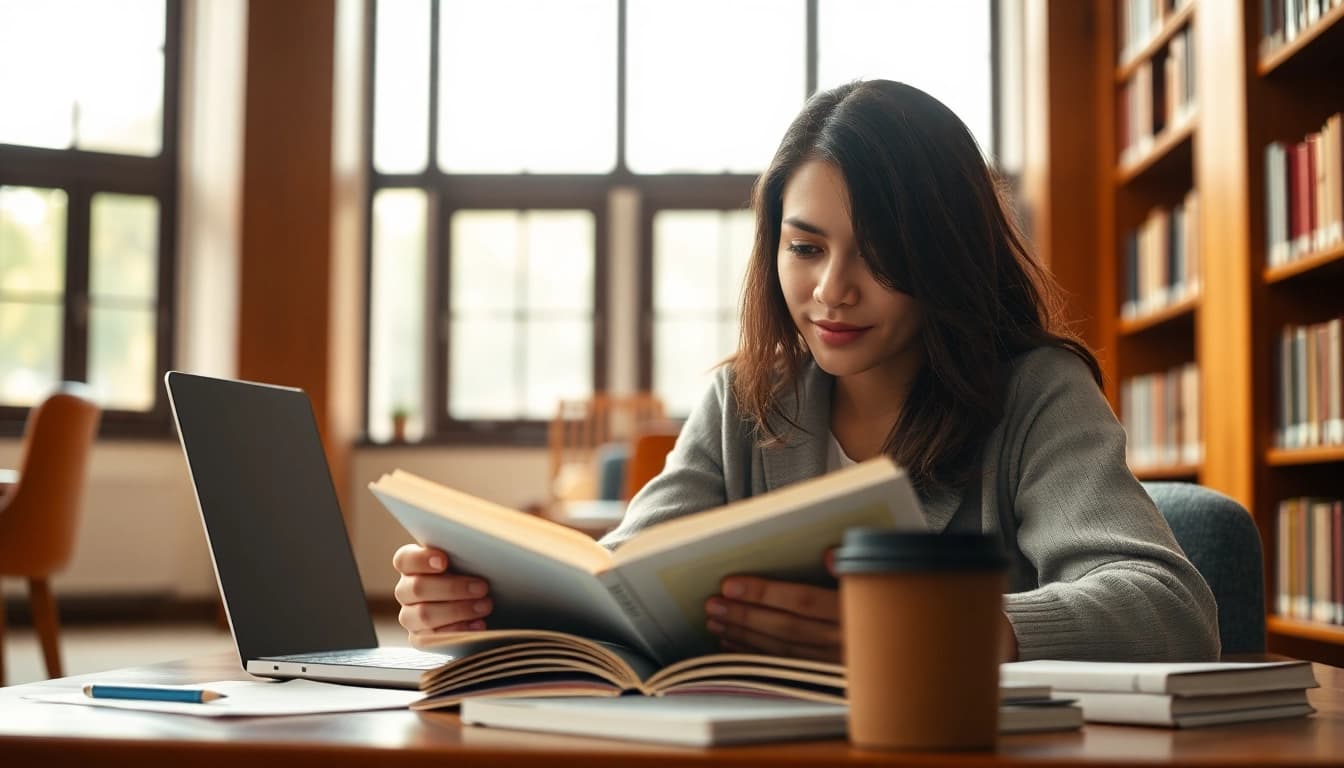 Pay someone to take TOEFL exam in a serene library setting, emphasizing study focus.