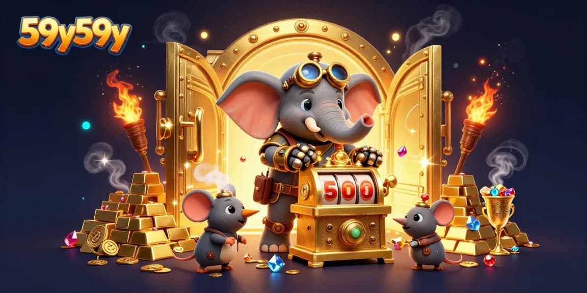 Desfrute de grandes ganhos no 59y59y enquanto o elefante engenheiro opera uma máquina caça-níqueis.
