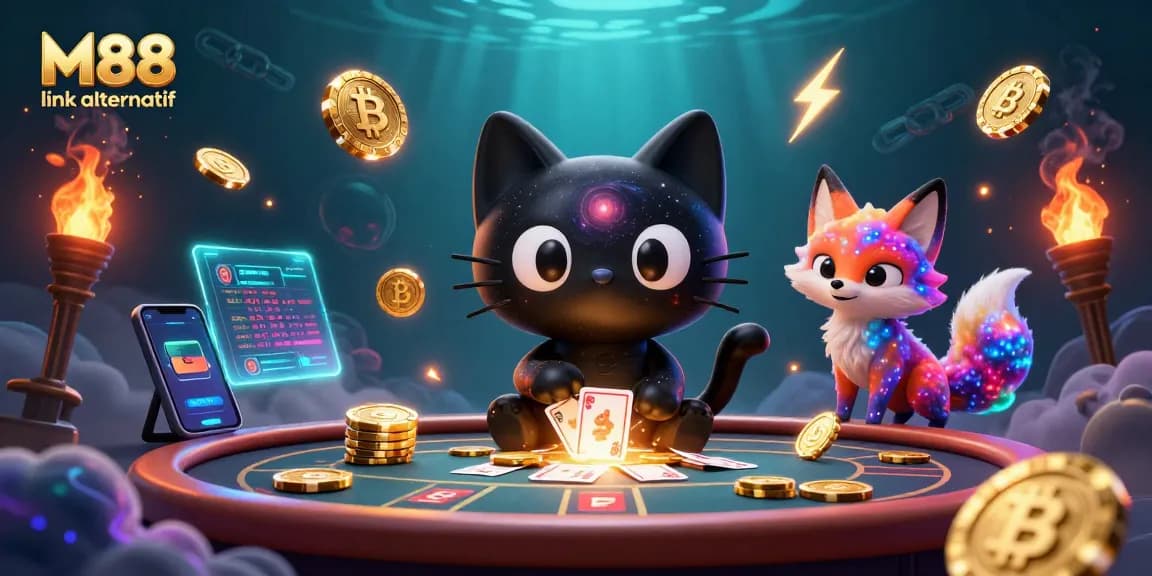 Experience thrilling gameplay with M88 link alternatif surrounded by vibrant 3D casino elements and crypto coins.