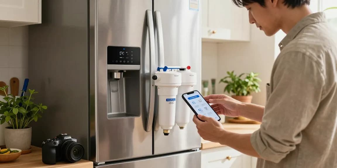 Homeowner installing the Maxblue EDR3RXD1 Replacement for 4396841 water filter in a bright kitchen.
