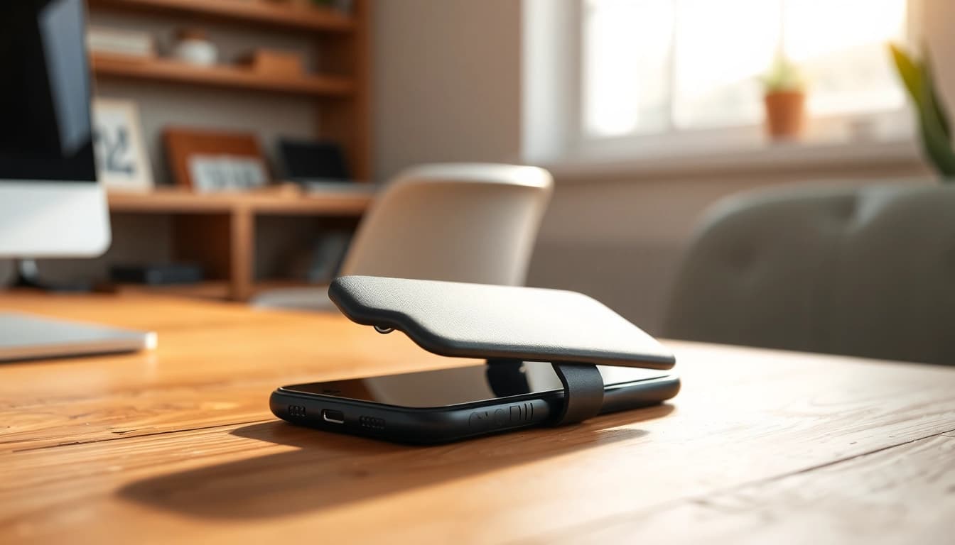 Handytasche Magnetverschluss präsentiert elegant auf einem Tisch, ideal für Smartphone-Schutz.