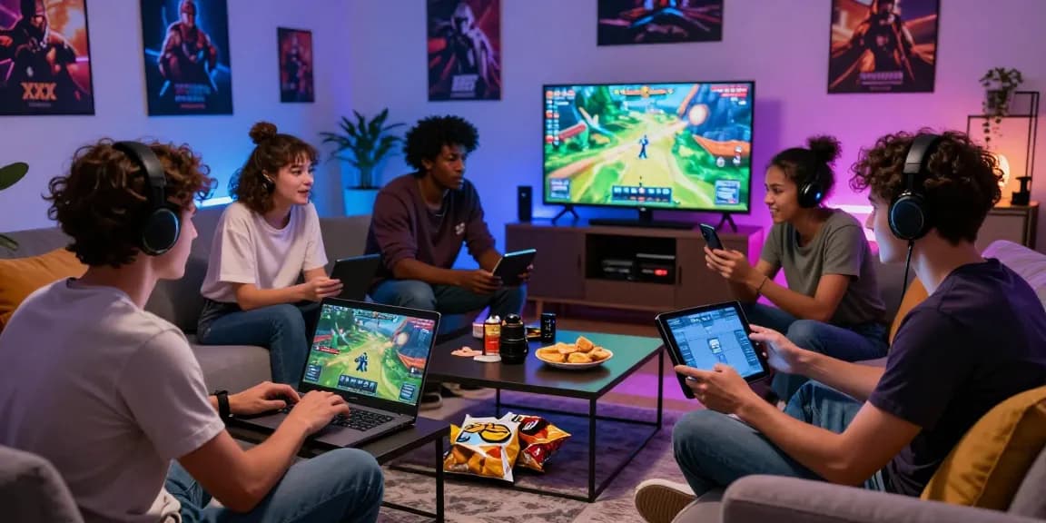 Engaged group playing xxx games online in a vibrant living room