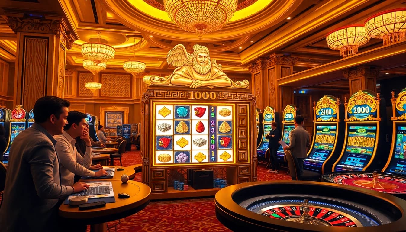 Experience the thrill of olympus 1000 with players enjoying a luxurious casino setting, highlighting excitement and high stakes.