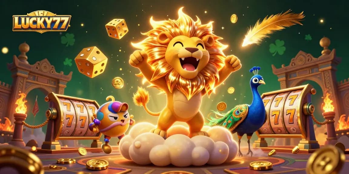Engage with LUCKY77's thrilling 3D casino adventure featuring a roaring lion and dynamic slot elements.