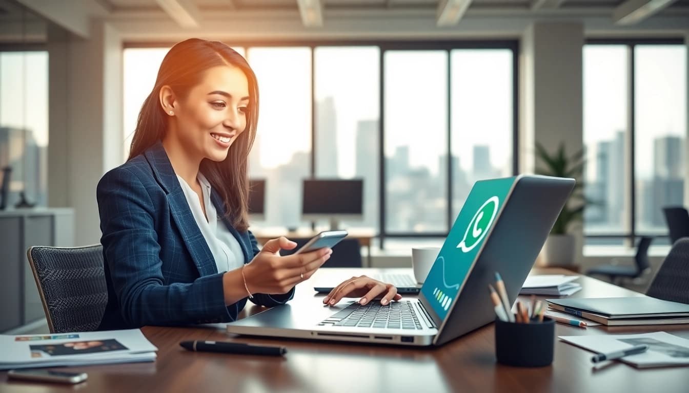 Boost your efficiency with WhatsApp Business CRM using a businesswoman's workspace setup.