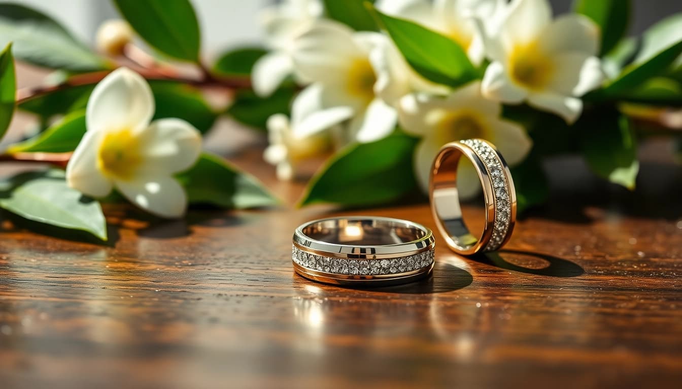 Showcasing stylish mens wedding rings with unique designs and textures on a wooden table.