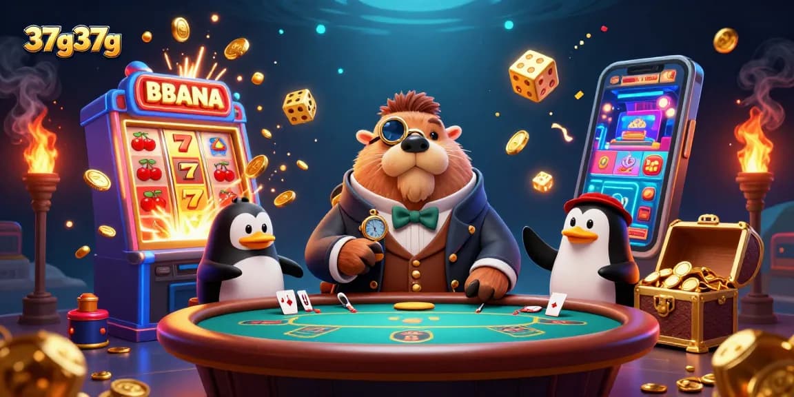 Engage in thrilling gameplay at 37g37g with a cartoon walrus and penguin dealer at a vibrant poker table.