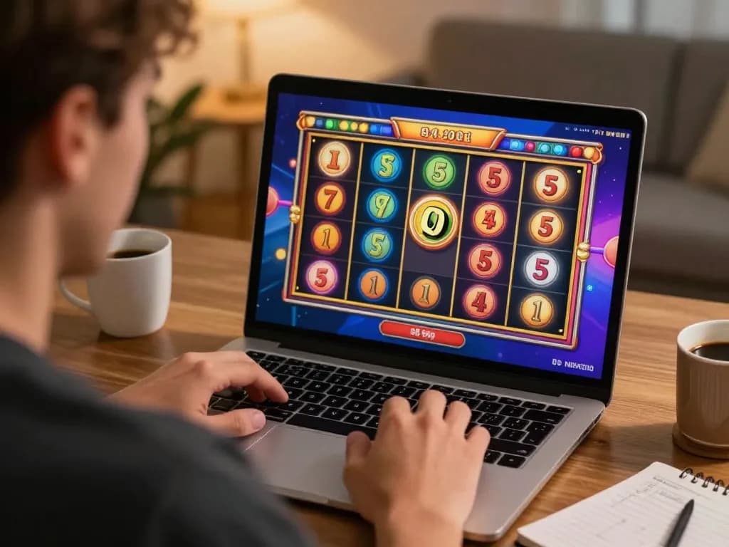 Engaged player enjoying the oli4d online slot game at home, focused on potential win