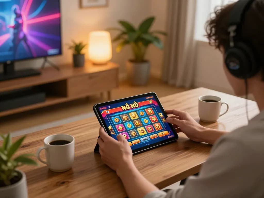 Engaging gameplay of nổ hũ on a tablet, featuring colorful jackpot symbols in a cozy setting