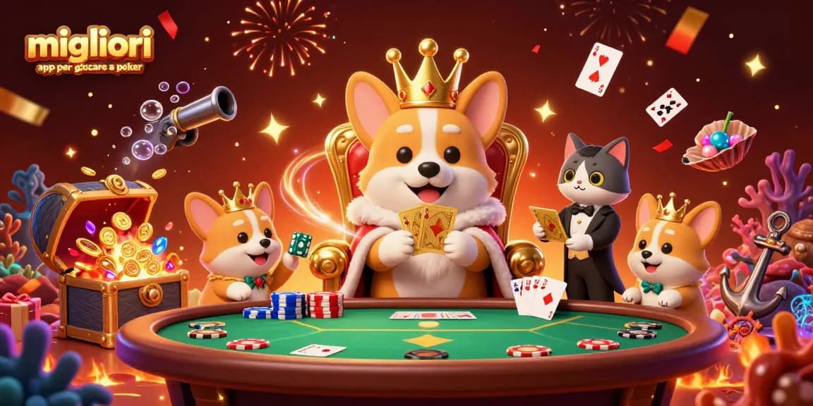 Migliori app per giocare a poker, divertiti sui tavoli con chip e mani reali in un'illustrazione festosa.
