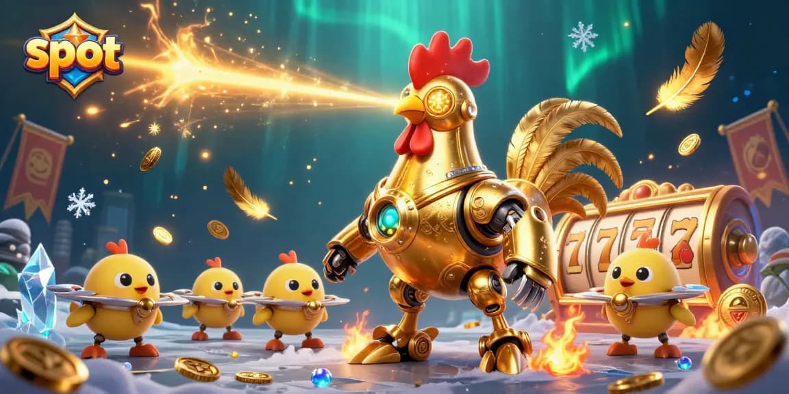 Slot menarik dengan robot ayam emas futuristik di arena penuh koin dan simbol buah.