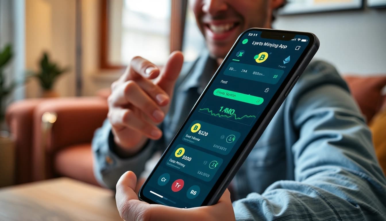 Interactive display of a crypto mining app on a smartphone, showcasing user engagement and excitement.