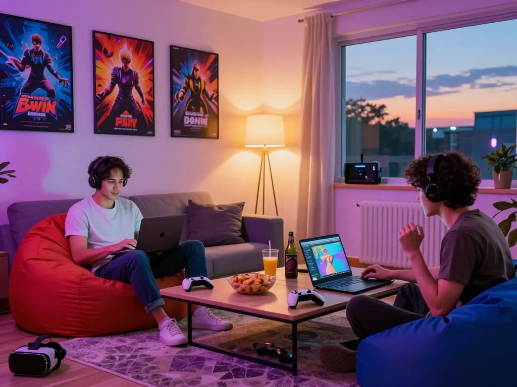 Engaged adults playing sex games online in a cozy gaming setup with colorful decor.