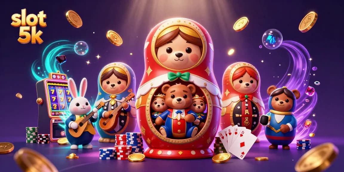 Experience thrilling gameplay with slot 5k, featuring vibrant animated characters, colorful chips, and flying coins.