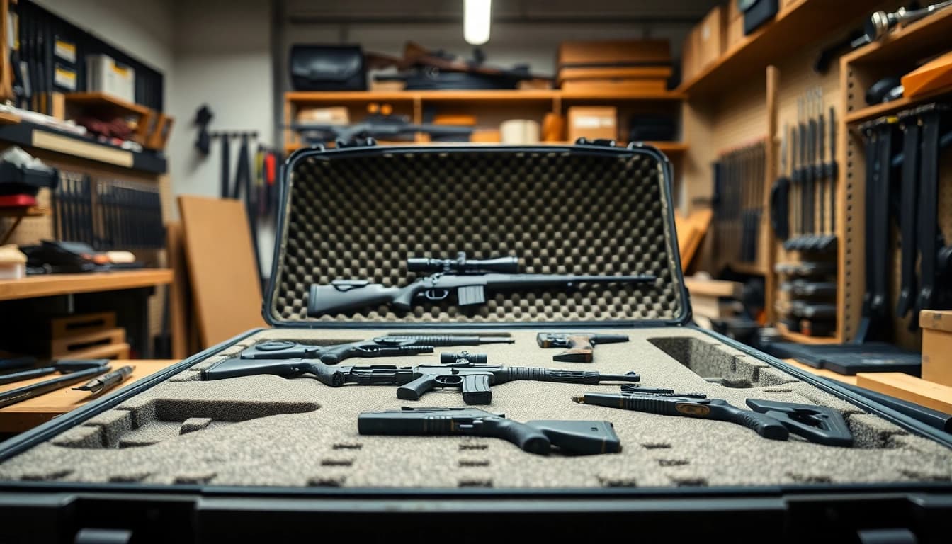 Customizable foam for rifle case displayed in a workshop setting.