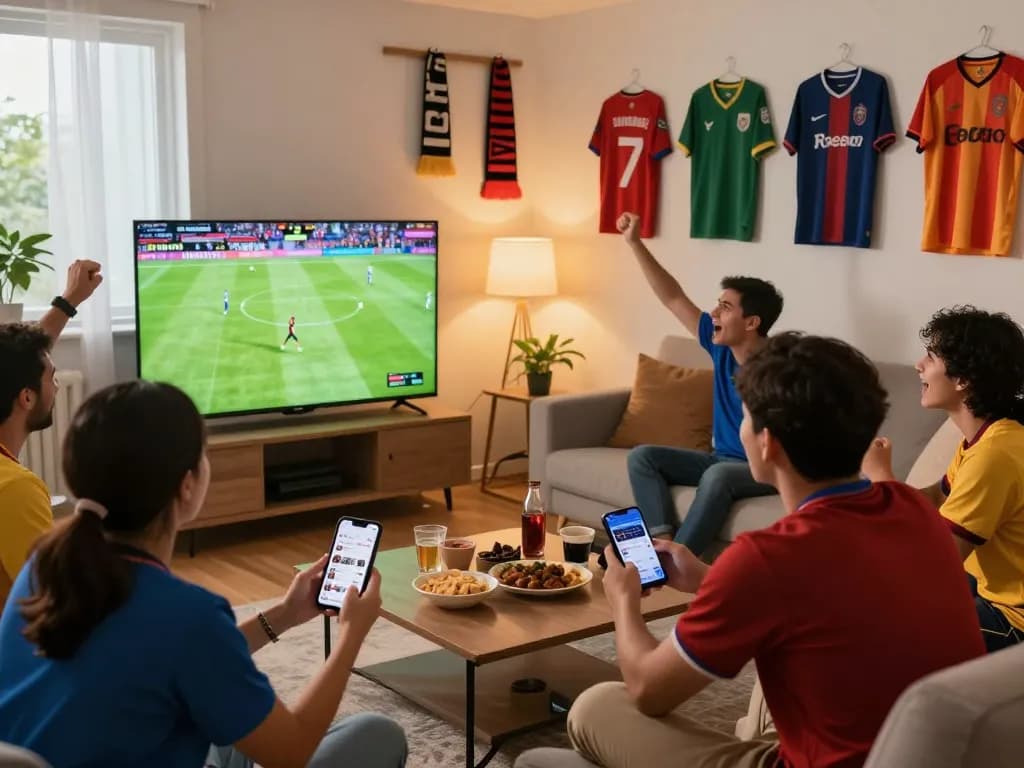 Cakhiatv streaming live football match with enthusiastic fans enjoying snacks and drinks in a modern living room setting.