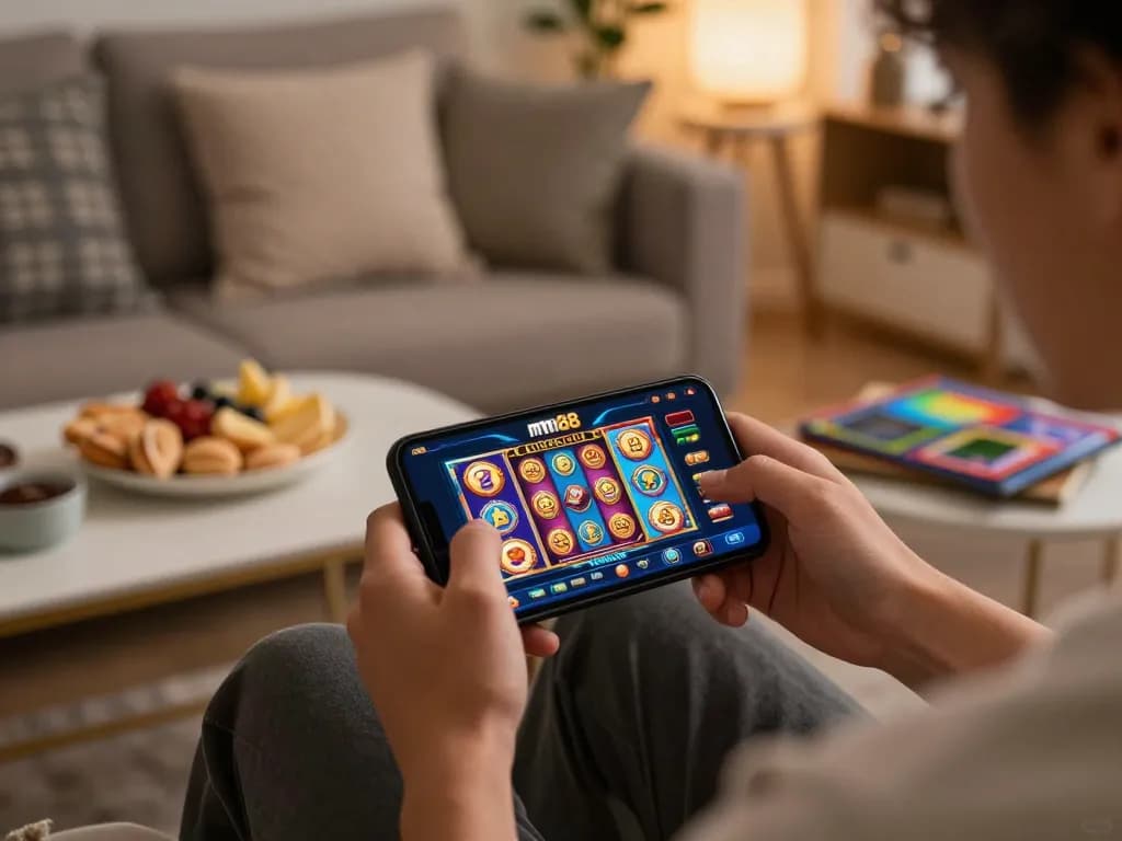 Experience the excitement of mm88 gaming through mobile play at home with vibrant casino graphics.