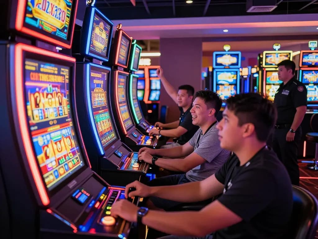 Players enjoying thrilling slot machine games in a vibrant casino atmosphere.