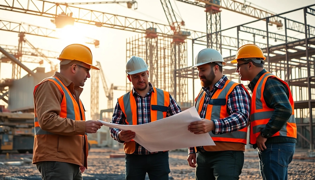 Workers collaborating on Carolina construction news project amidst machinery and site frameworks.