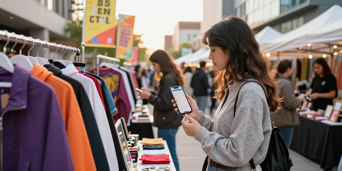 Shopping for trendy items with Mulebuy spreadsheet in urban market.