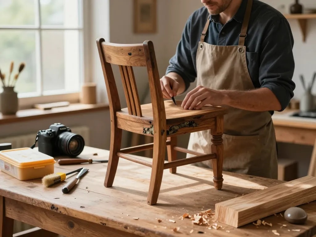 Scena di laboratorio di restauro che affronta i tarli del legno con un artigiano che ispeziona i mobili in legno danneggiati