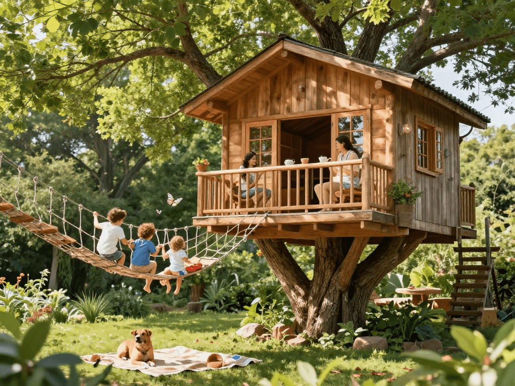 Experience tree house life with a family enjoying outdoor fun in a serene garden setting.