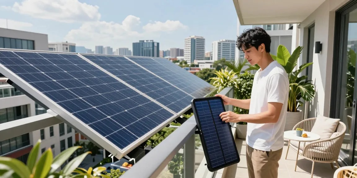Balcony Solar panel setup on urban balcony demonstrating innovative energy solutions in sustainable living.