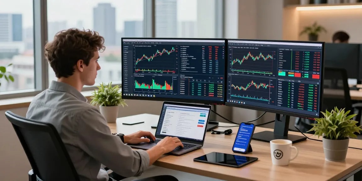 Trader analyzing MetaTrader 5 charts in a modern office workspace with multiple screens and trading tools.