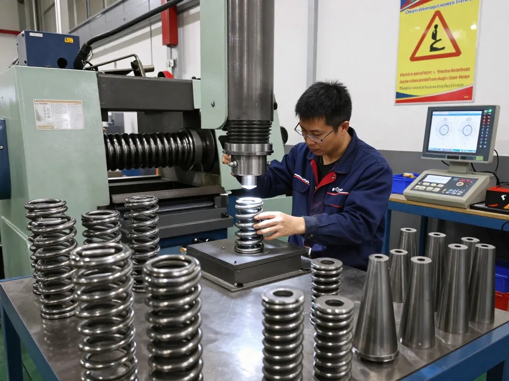 Tehnician inspectând arcuri oțel într-un atelier de fabricație a arcurilor metalice, cu diverse arcuri și unelte.