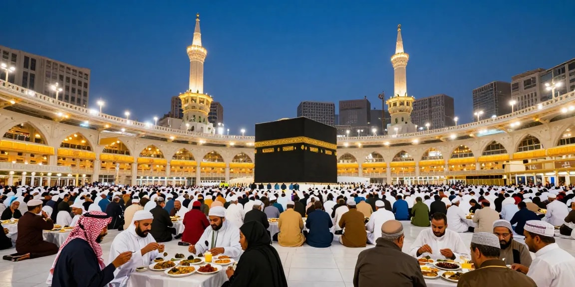 A stunning view of umroh Itikaf in Mecca during Ramadan, showcasing sacred moments of prayer and reflection, filled with travel inspiration and cultural richness.