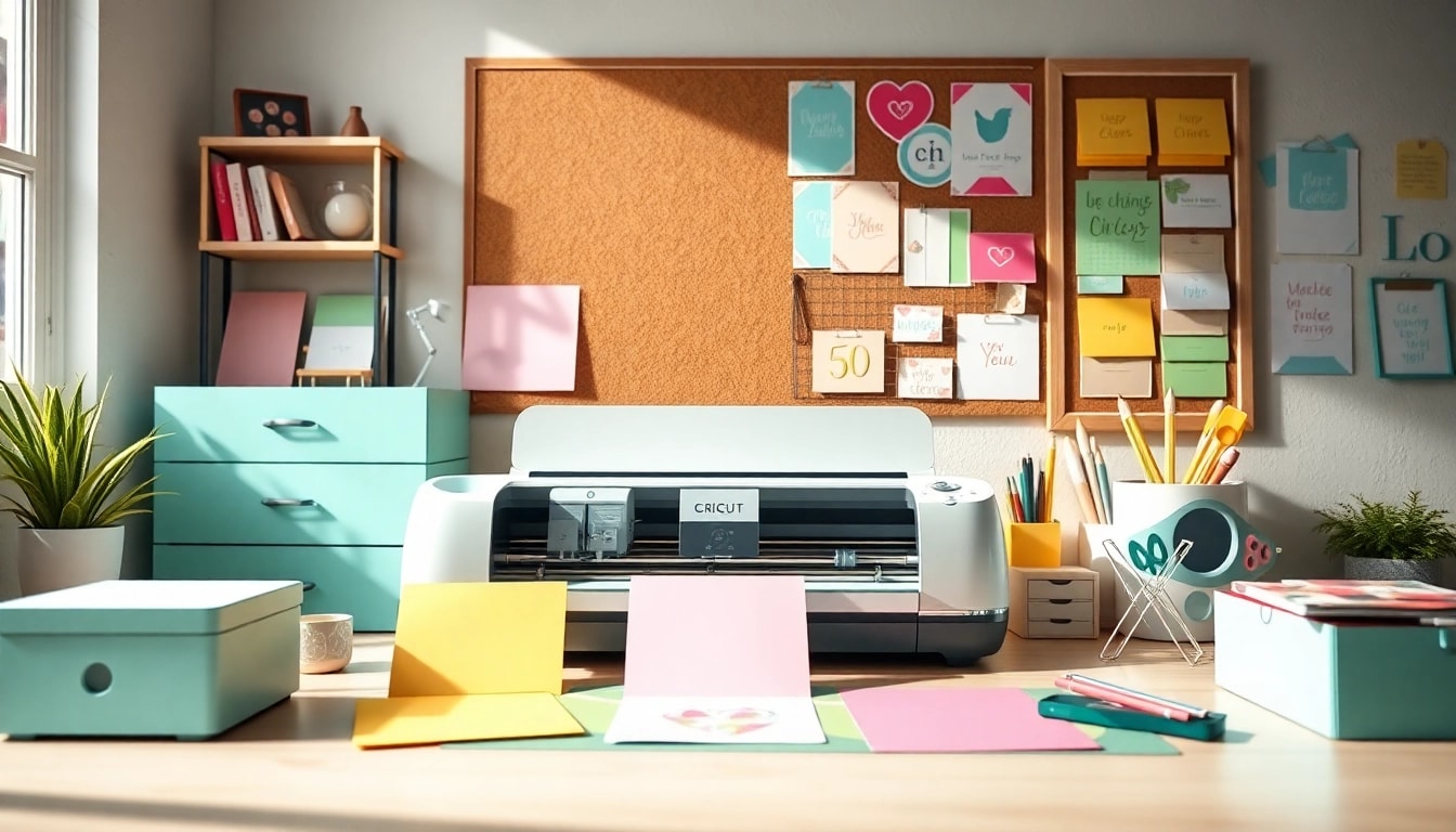 Cricut SVG designs displayed on a vibrant craft table with a cutting machine.