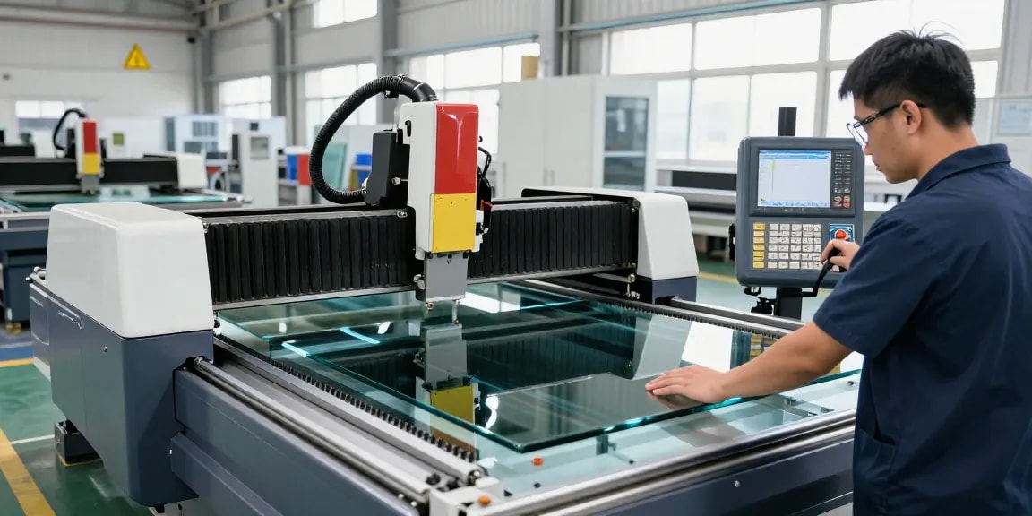 CNC glass cutting machine operated by a technician in a modern workshop, showcasing precision cutting.
