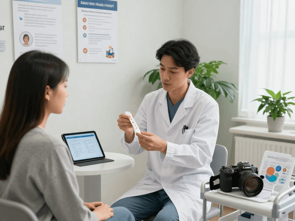 Health professional explaining BPC 157 benefits using Buccal Strips in a clinical setting.