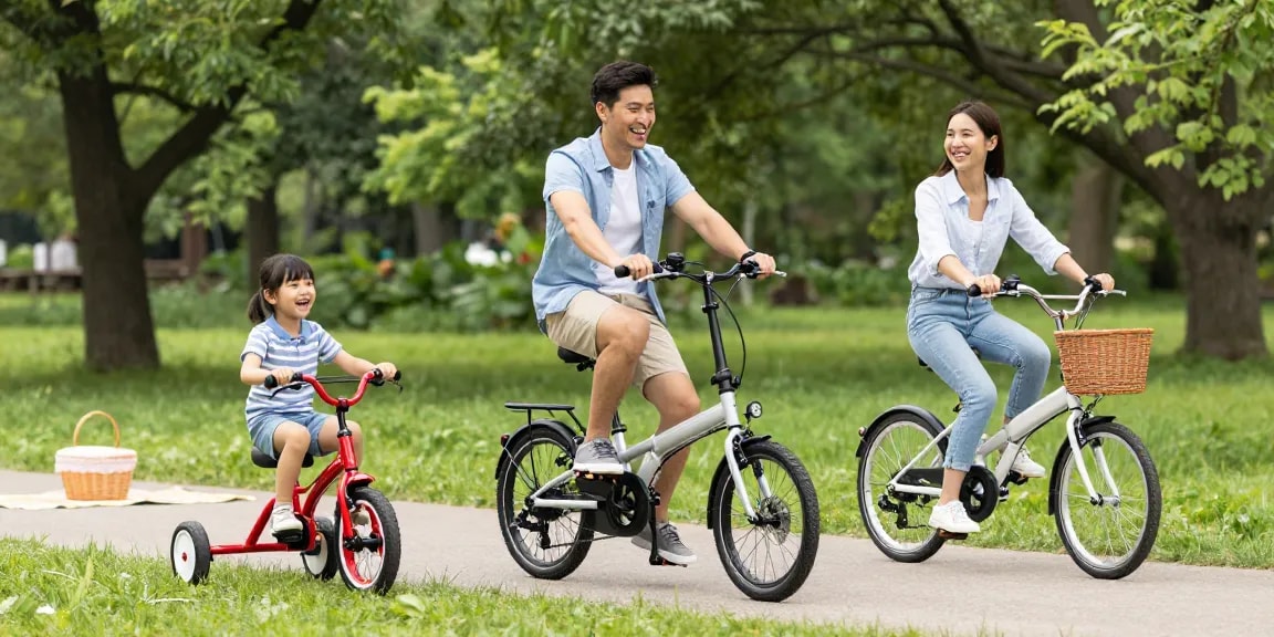 Happy family cycling on colorful tricycles in a sunny park