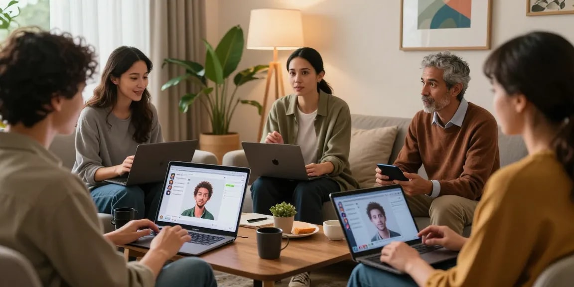 Engaging NSFW AI chat scene in a modern lounge with diverse adults exploring virtual conversations.