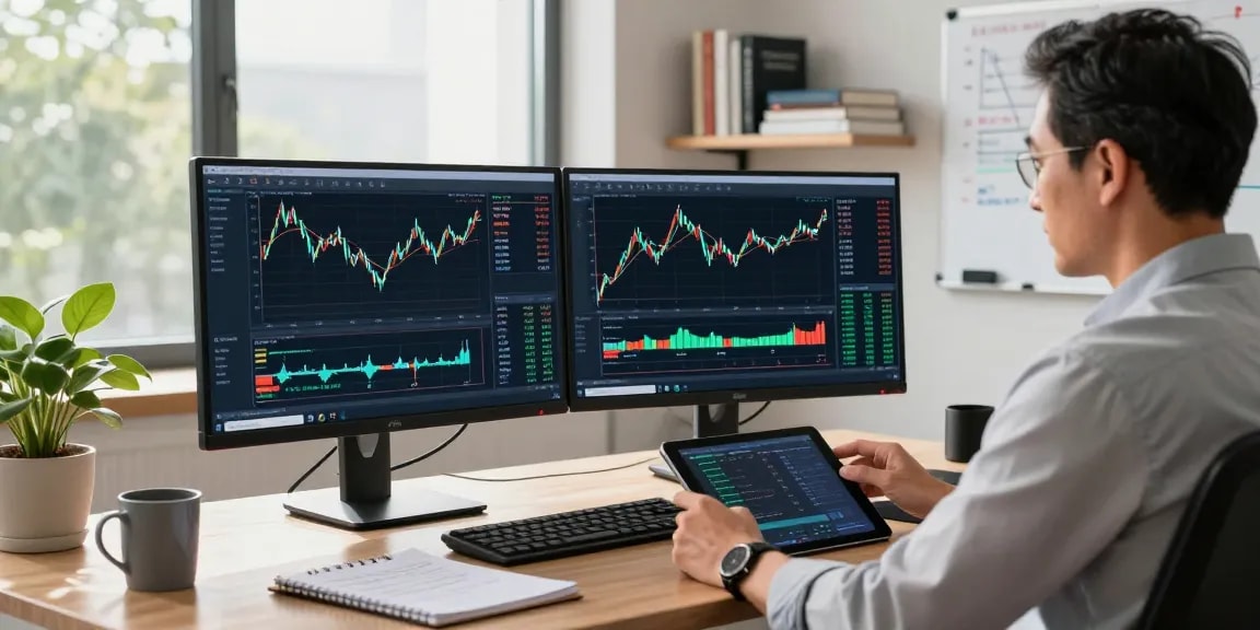 Trader analyzing MetaTrader 4 forex charts in a modern office.