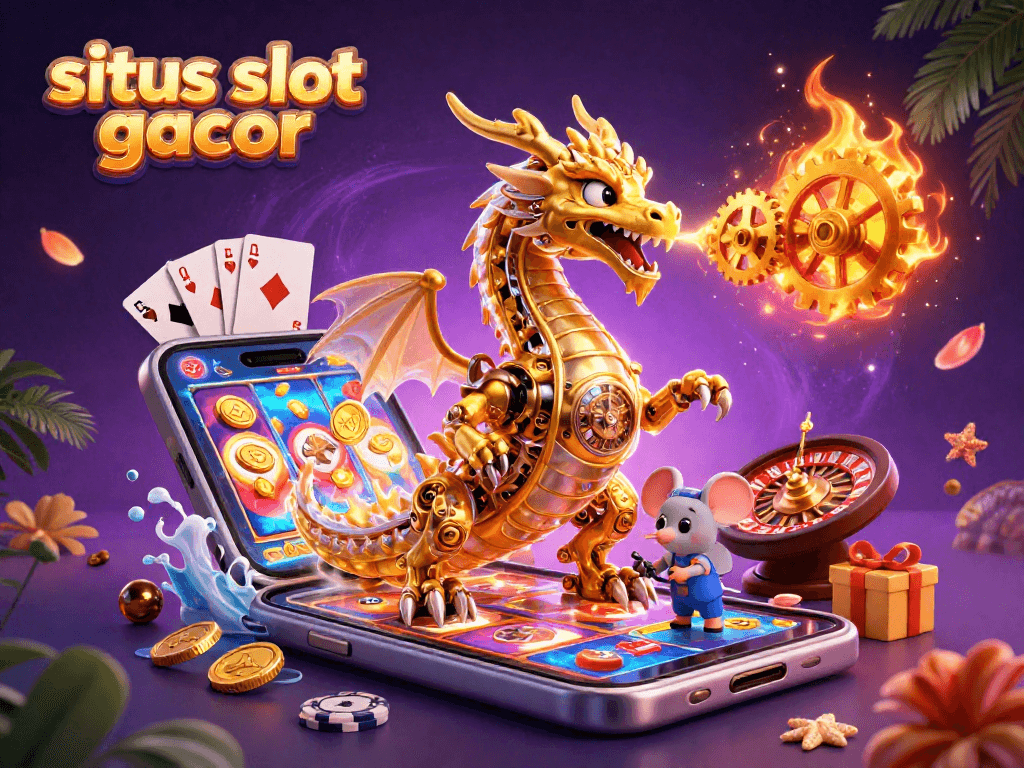 Experience the thrill of situs slot gacor with a golden dragon, coins, and gaming elements!