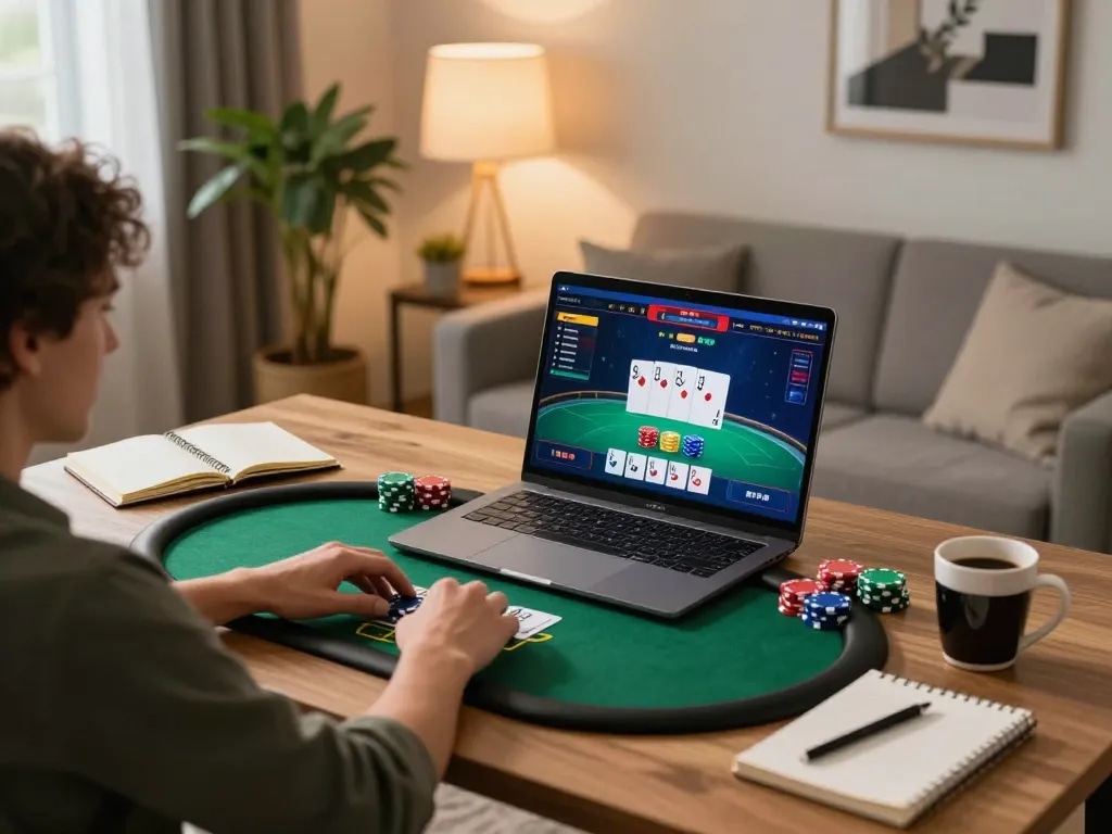 Person engaged in online poker gameplay at home, showcasing ATQ gaming strategies and vibrant atmosphere.