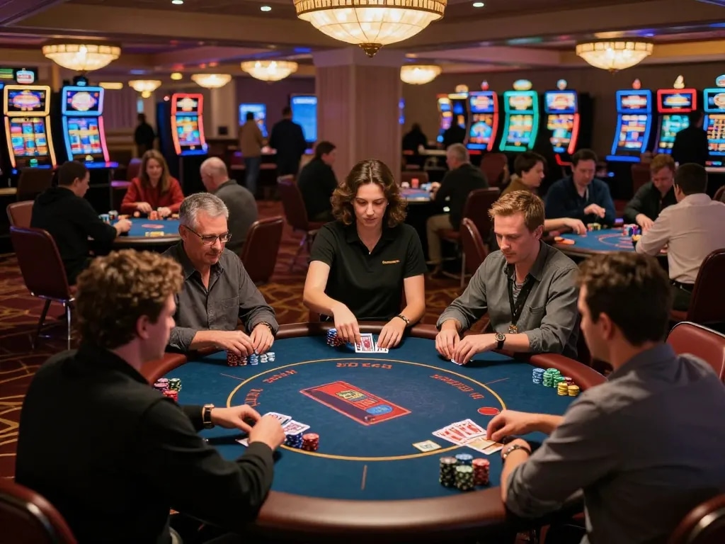 gamblers engaging with Chatgpt caricature on digital devices at an upscale casino
