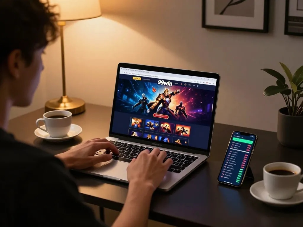 Player engrossed in 99win online casino gaming on a sleek laptop, showcasing responsible gaming environment.