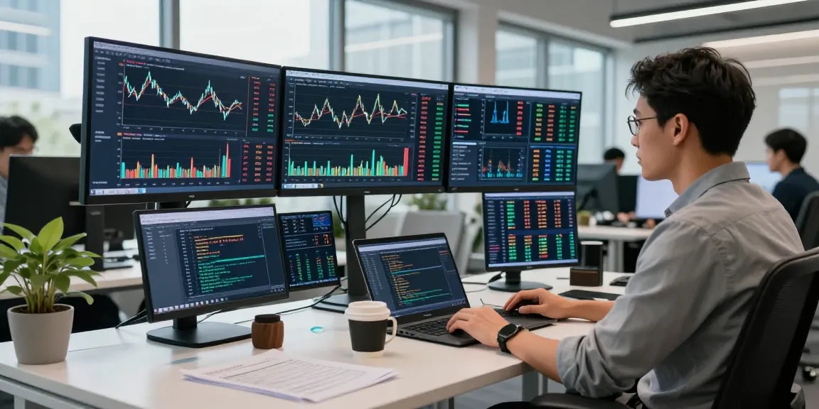 Developer analyzing silver market data feed in a modern office with dynamic trading screens.