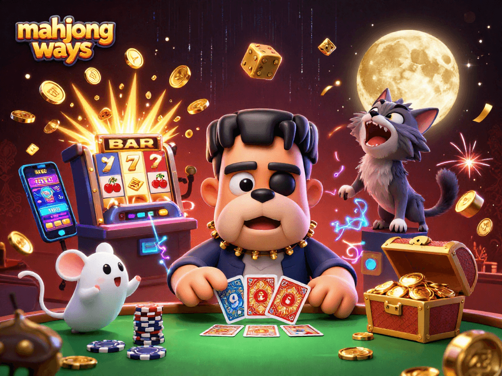 Mainkan mahjong ways dengan karakter kartun menakutkan dan mesin slot yang memikat dalam ilustrasi 3D.